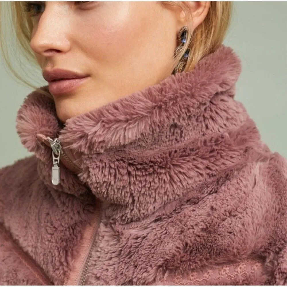 Anthropologie Faux Fur Lace Chevron Bomber dusty mauve Pink Long Sleeve Jacket S - Picture 4 of 9